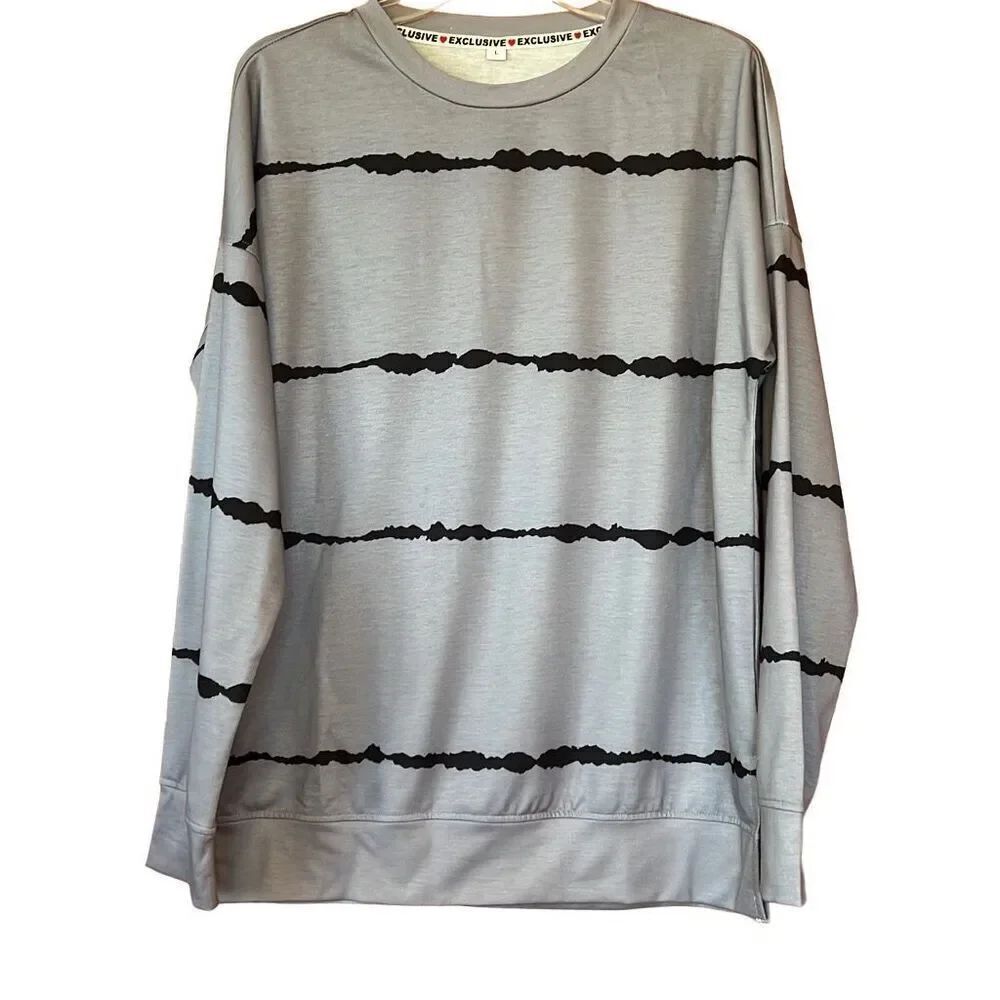 Exclusive Gray Black Patterned Long Sleeve Top Size